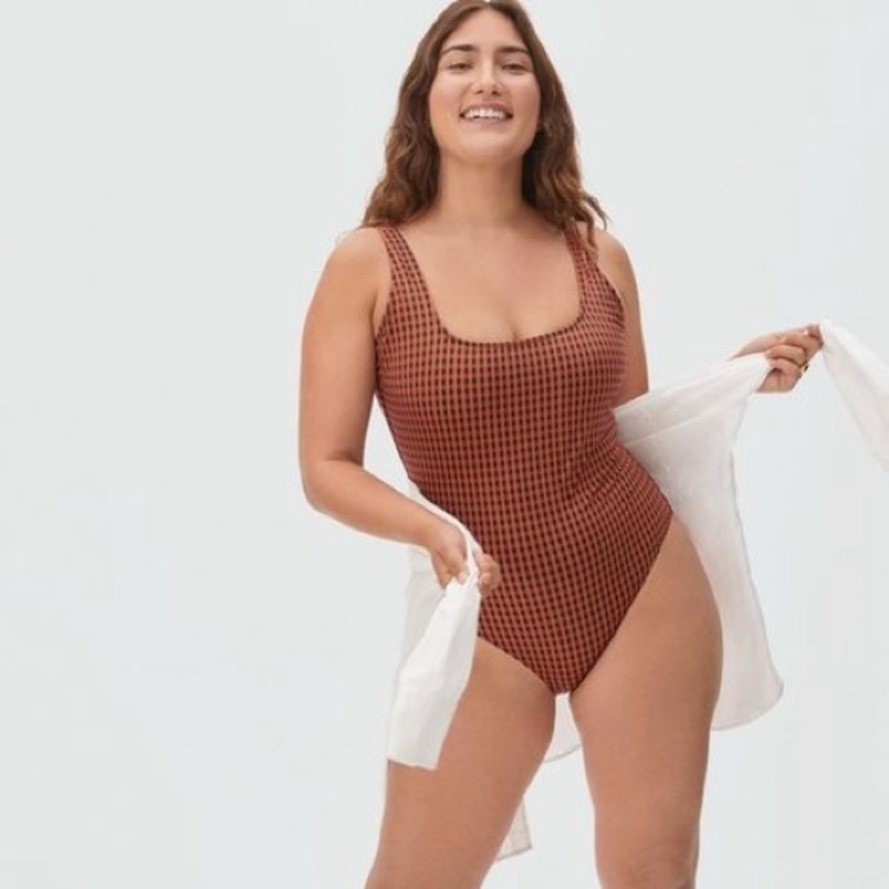 Checkered Everlane ReNew One piece square neck bathing suit.